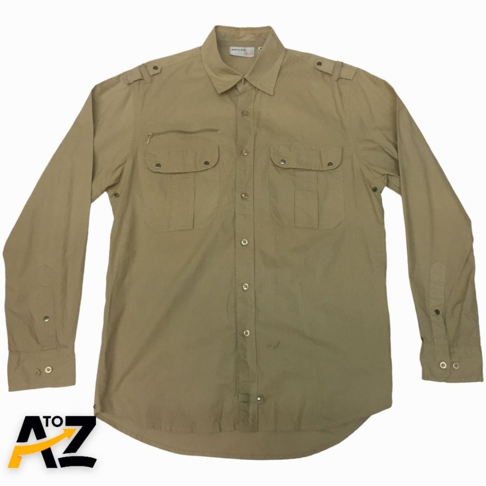 Adolfo Sport Mens Shirt Size M Tan Long Sleeves Collared Button Down Front Pocke